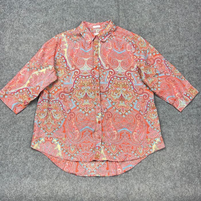Vintage Chico's Shirt Womens Extra Large Pink Paisley Linen 3/4 Sleeve  Button Up Top