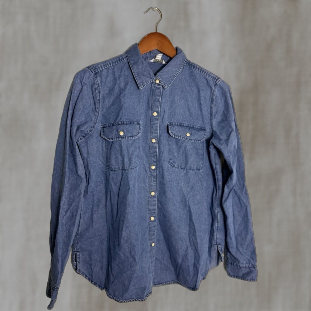 Lucky Brand Chambray Denim Button-Up Shirt Small Women Regular Blue Long Sleeve Collared Pocket Bohemian Western Casual