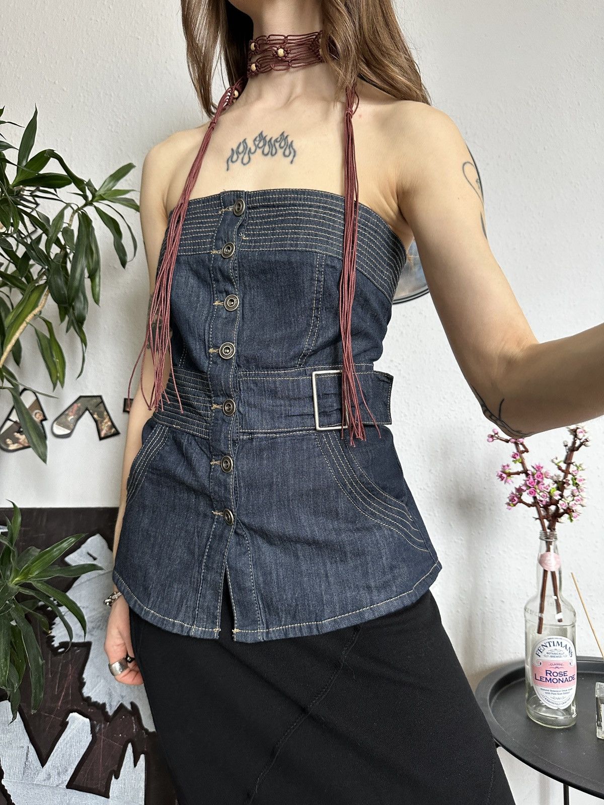 Japanese Brand Denim Button Up Bustier Belted Buckle Sexy Top Size XS / US 0-2 / IT 36-38 - 2 Thumbnail