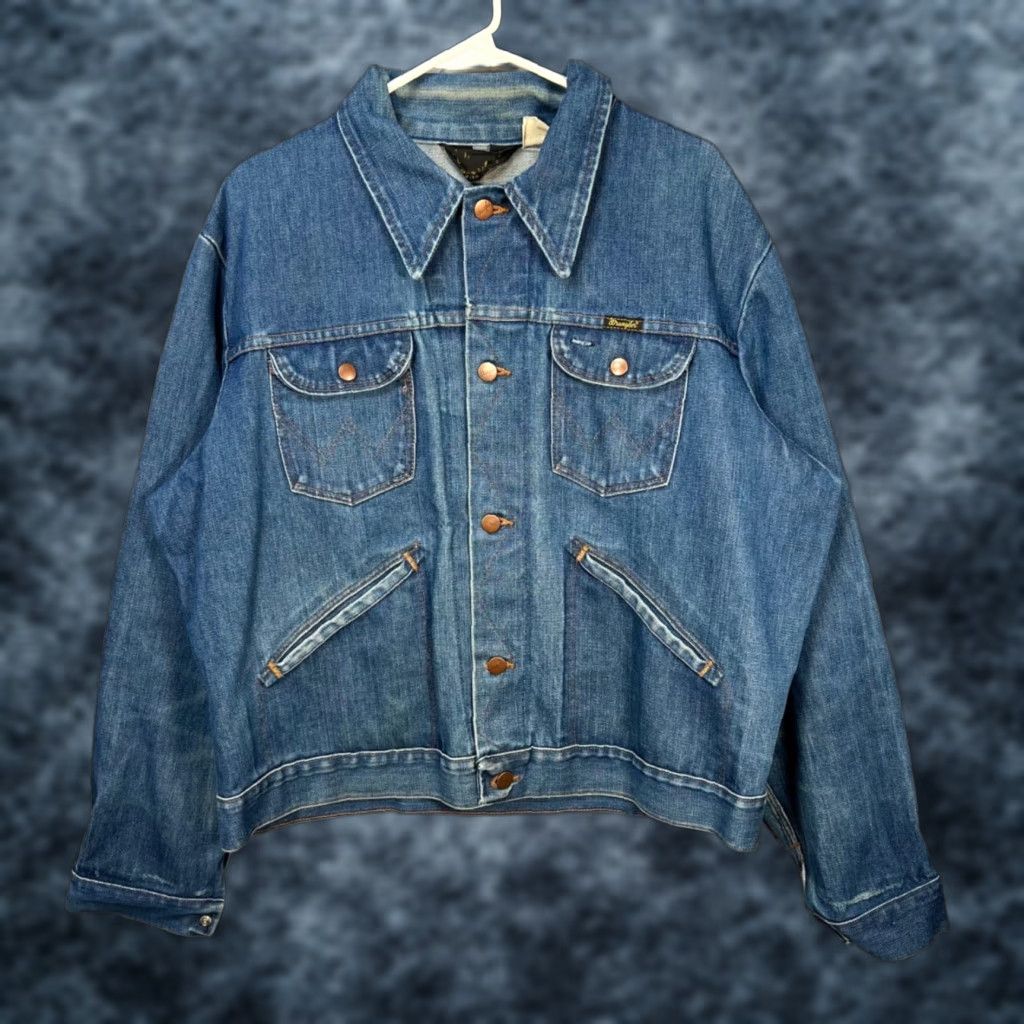 Wrangler VINTAGE Wrangler Denim Jacket Shirt Mens Large Blue Western Trucker Denim 14 oz Cotton Jacket Size US 33 - 1 Thumbnail