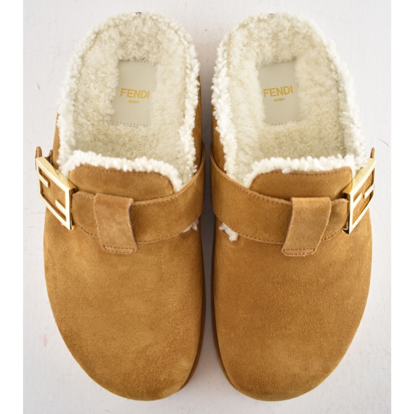 Fendi Fendi Feel Mules Caramel Brown Suede Shearling FF Gold Logo Size US 12 / IT 42 - 9 Thumbnail