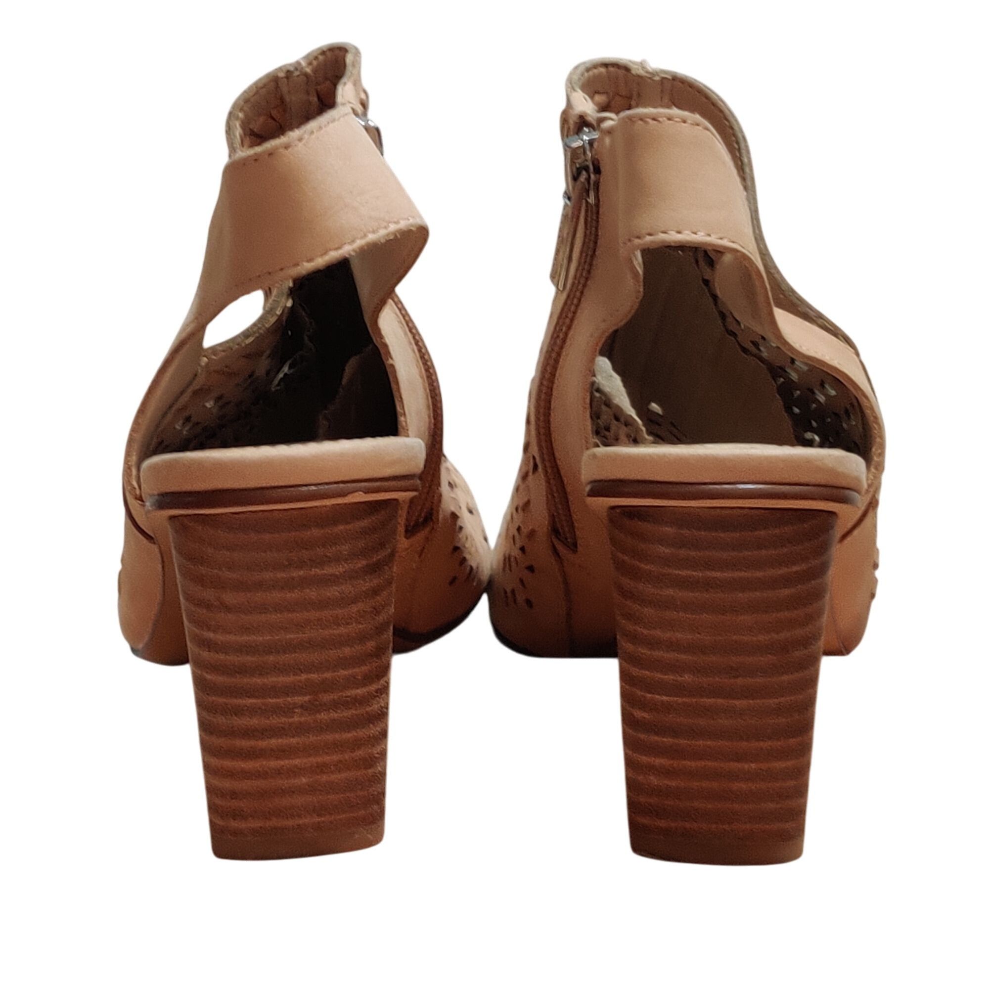 Vince Camuto Vince Camuto 8.5 Laser Cut Peep Toe Leather Sandals Tan Bloc Size US 8.5 / IT 38.5 - 3 Thumbnail
