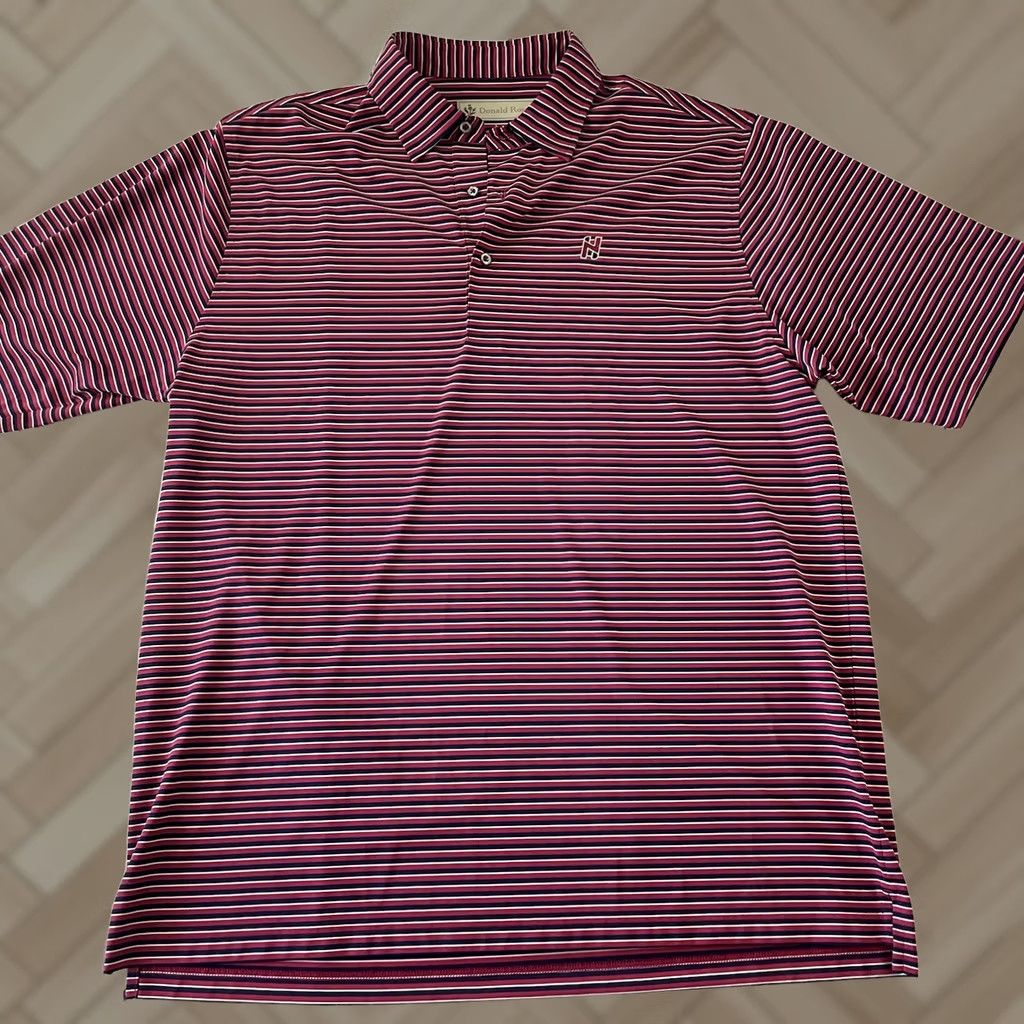 Vintage Donald Ross Short Sleeve Striped Golf Polo Shirt Men L Pink Button-Up Embroidered Polyester White? Size US L / EU 52-54 / 3 - 1 Thumbnail