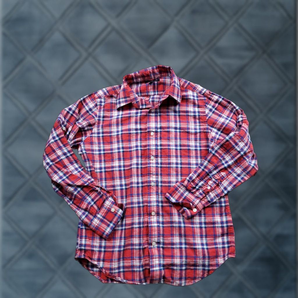 Banana Republic Banana Republic Shirt Mens Medium Red Blue Plaid Linen Cotton Button-Up Casual Long Sleeve Collared Button-Front Size US M / EU 48-50 / 2 - 1 Thumbnail