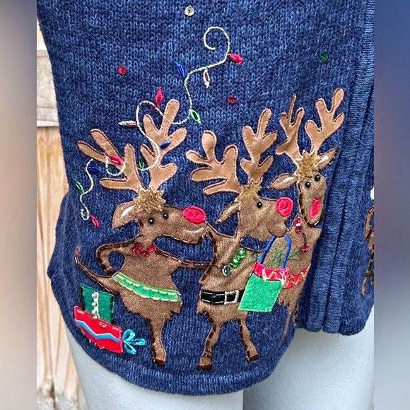 Other Vintage Tiara Blue Reindeer Christmas Cardigan Sweater Size L / US 10 / IT 46 - 3 Thumbnail