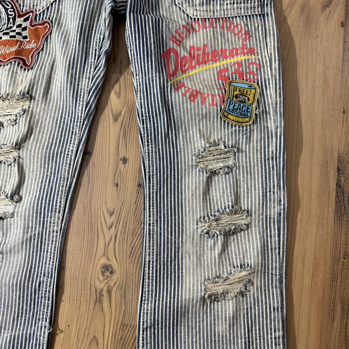 Japanese Brand × Vintage Japanese Vintage Striped Distressed Denim Jumpsuit (M) Size US 30 / EU 46 - 3 Thumbnail