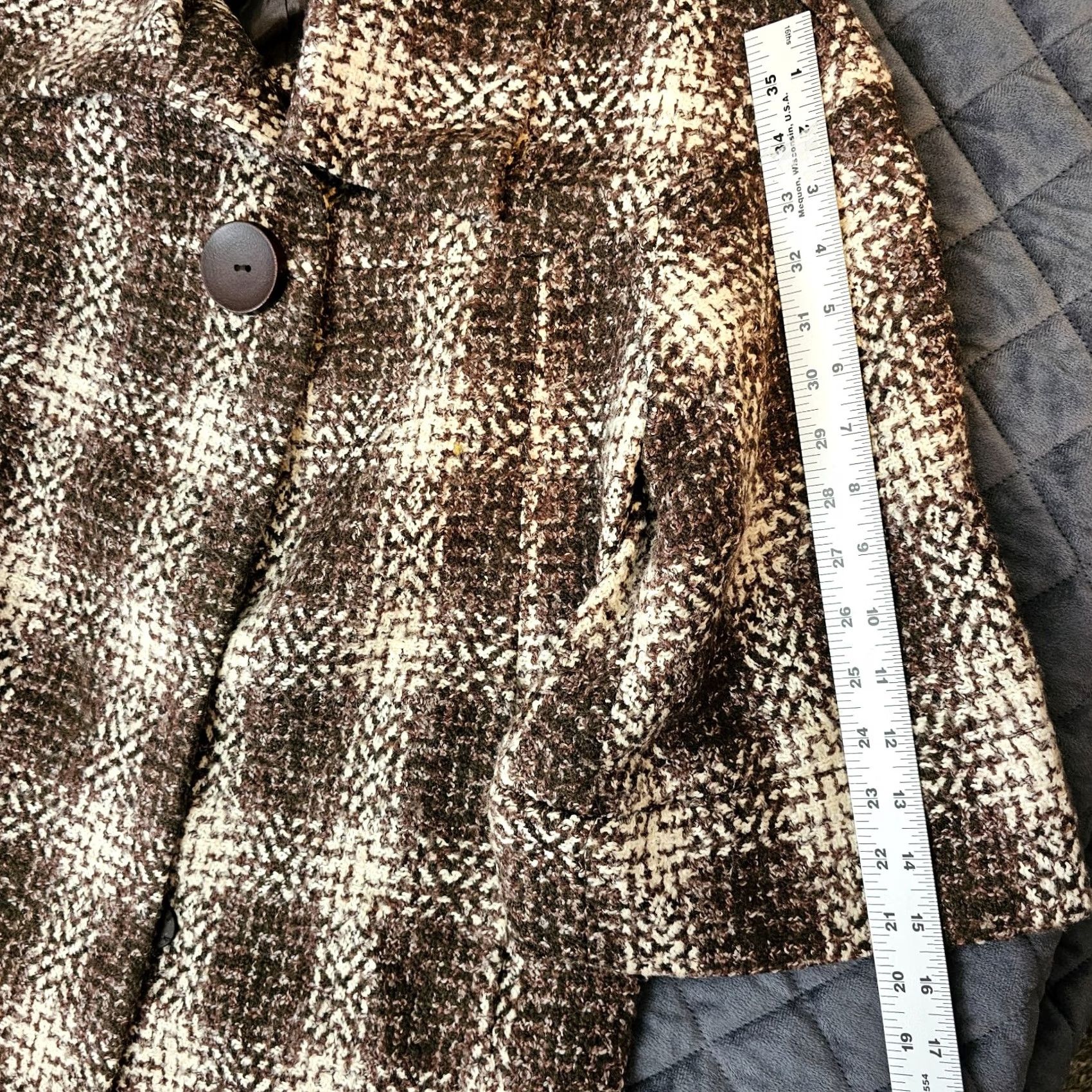 Vintage VINTAGE Focus 2000 Women's Jacket Plaid Brown Knit 3/4 Sleeve Open Collar Pockets Faux Leather Trim Mid-Length Size 4 Brown Womens Size S / US 4 / IT 40 - 7 Thumbnail