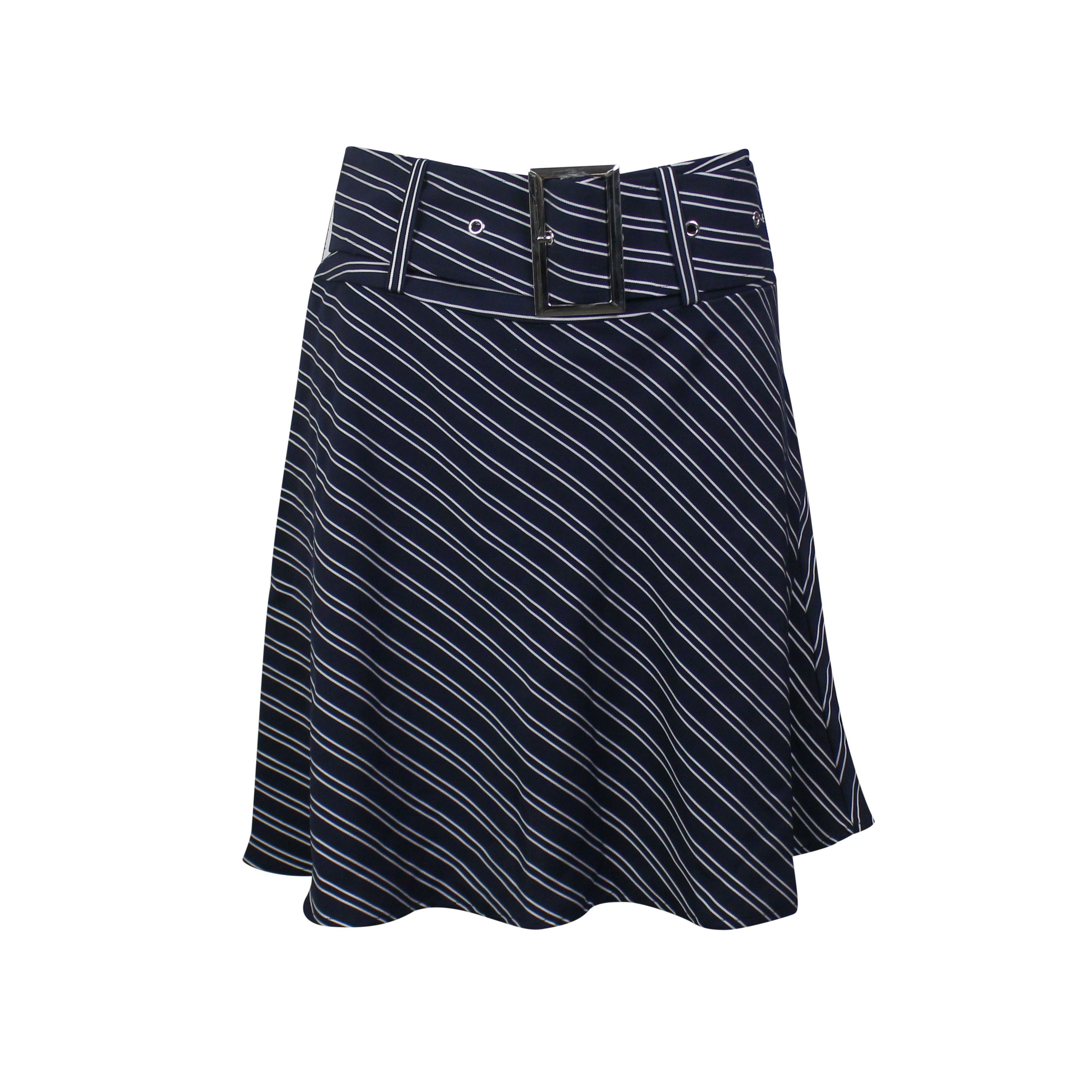 Image of Opening Ceremony Navy Belted Striped Flare Skirt Size 12, Women's