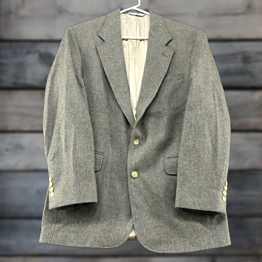 Lands' End VINTAGE Lands' End Blazer Mens 40 Green Herringbone Tweed Wool USA Regular Single-Breasted 2 Button Notch Lapel Jacket Coat Dress Shirt UI Size 40R - 1 Thumbnail