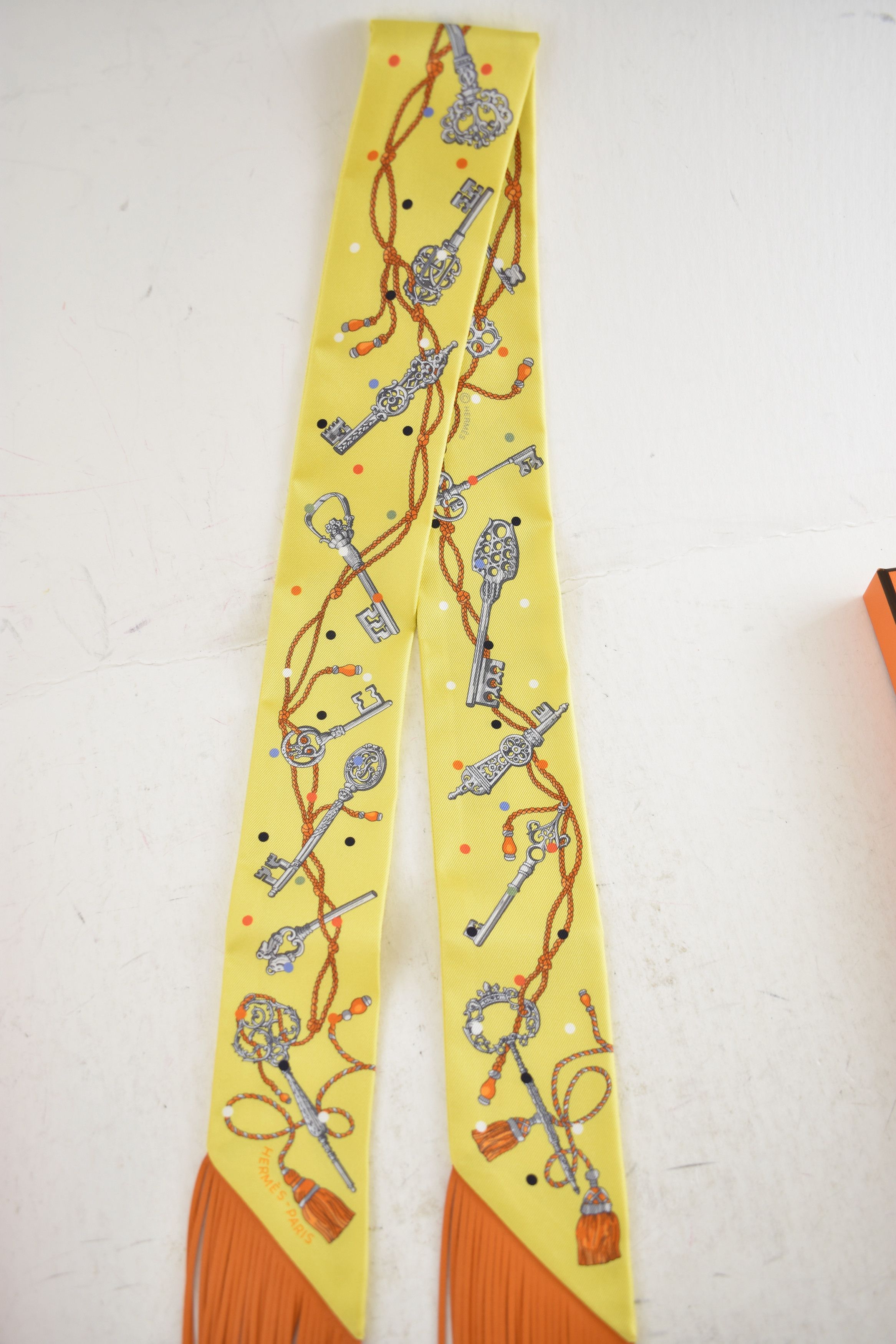 Hermes Scarf Twilly Fringe Leather Les Cles A Pois Jaune Argent Vif Size ONE SIZE - 8 Thumbnail