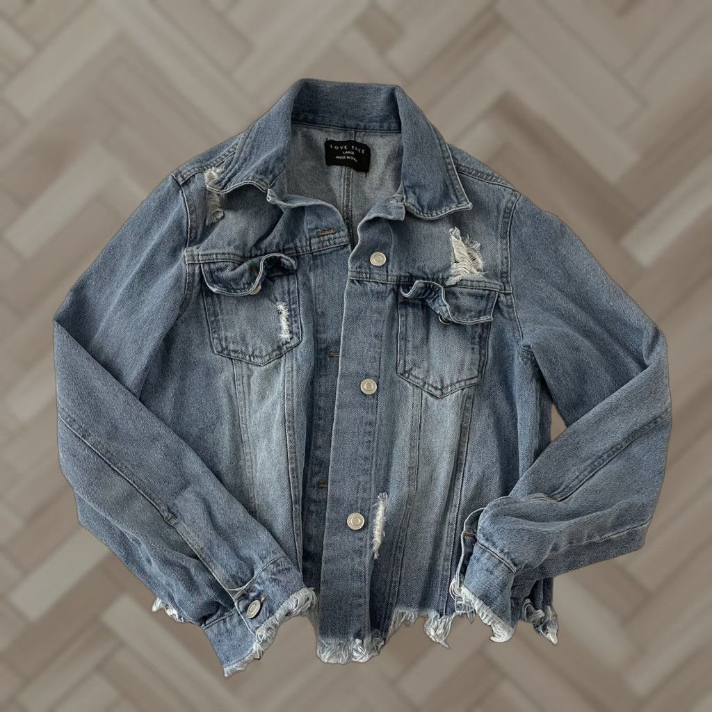 Denime Love Tree Denim Jacket Women's L Blue Distressed Jean Jacket Men? No. Size 36" / US 14 / IT 50 - 1 Thumbnail