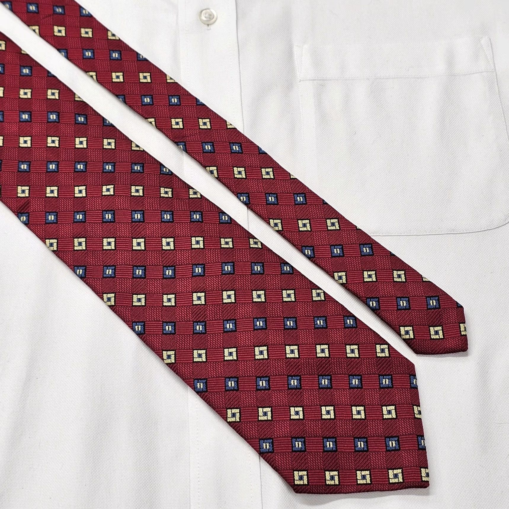 Asket VINTAGE Bruno Piattelli Silk Necktie Red Basket Weave Squares Hand Made Classic Mens Tie 57.5" X 4" Silk Necktie White? Wait. Size ONE SIZE - 3 Thumbnail