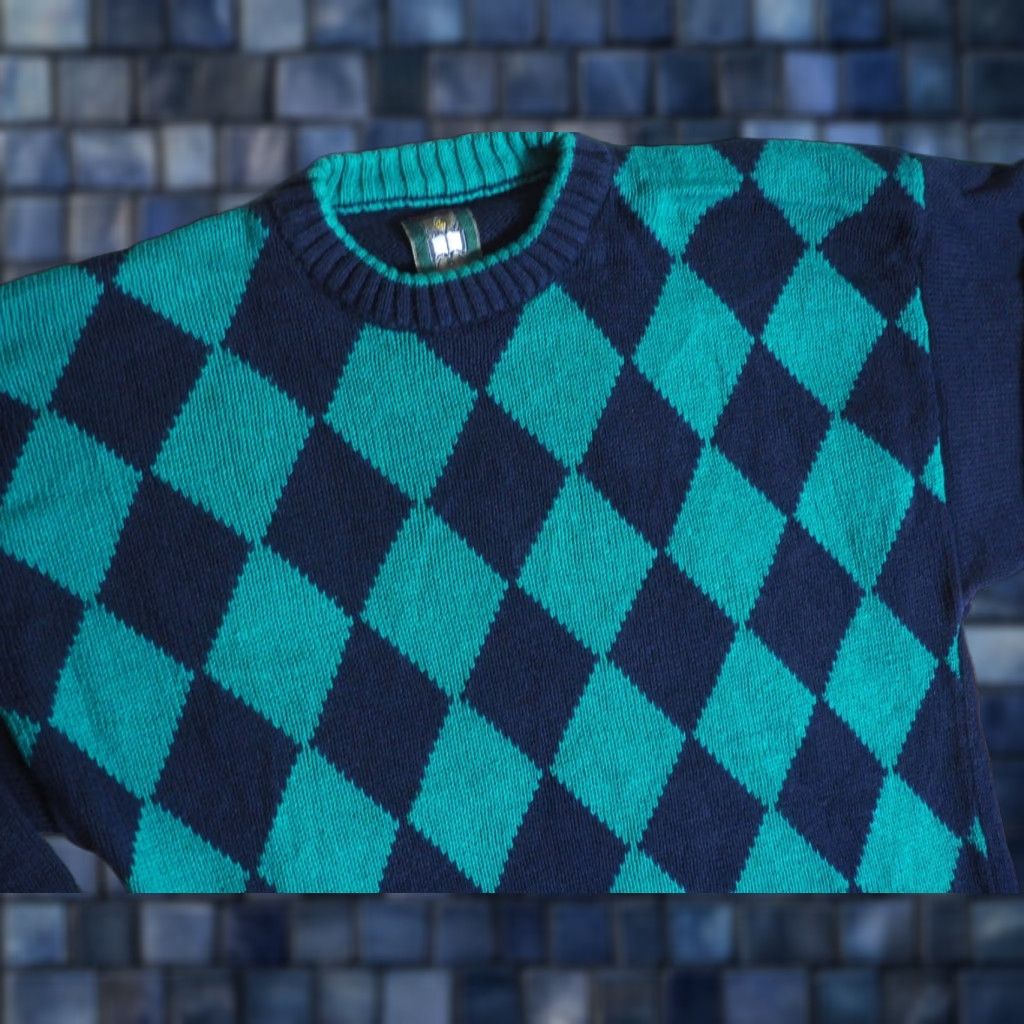Vintage VINTAGE Generra Pullover Sweater Shirt Mens L 80s 90s Cotton Teal Blue Argyle Secretary/Geek Size US L / EU 52-54 / 3 - 1 Thumbnail