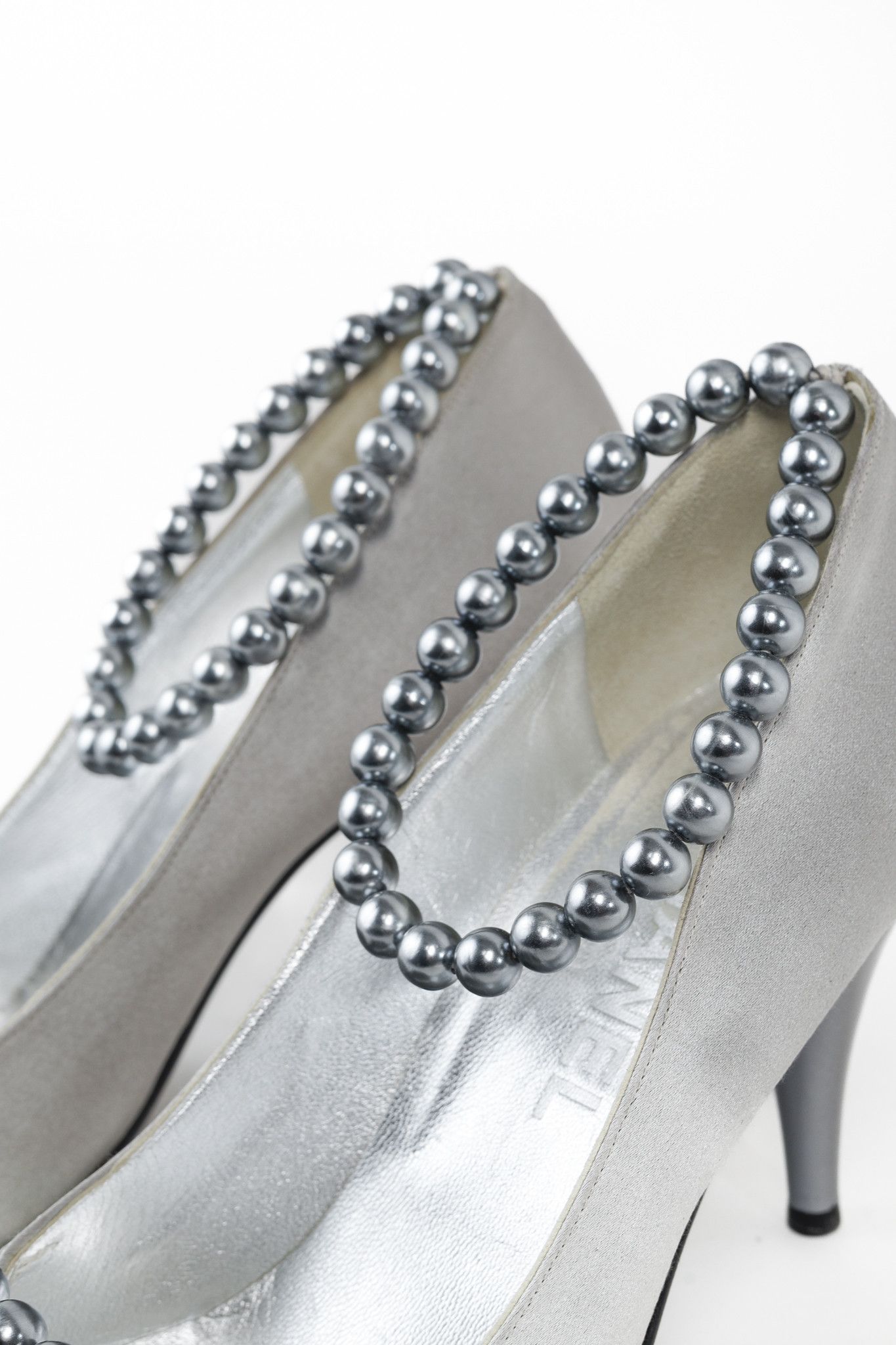 Chanel Chanel Grey Pearl Ankle Satin Pumps Size US 7 / IT 37 - 7 Thumbnail