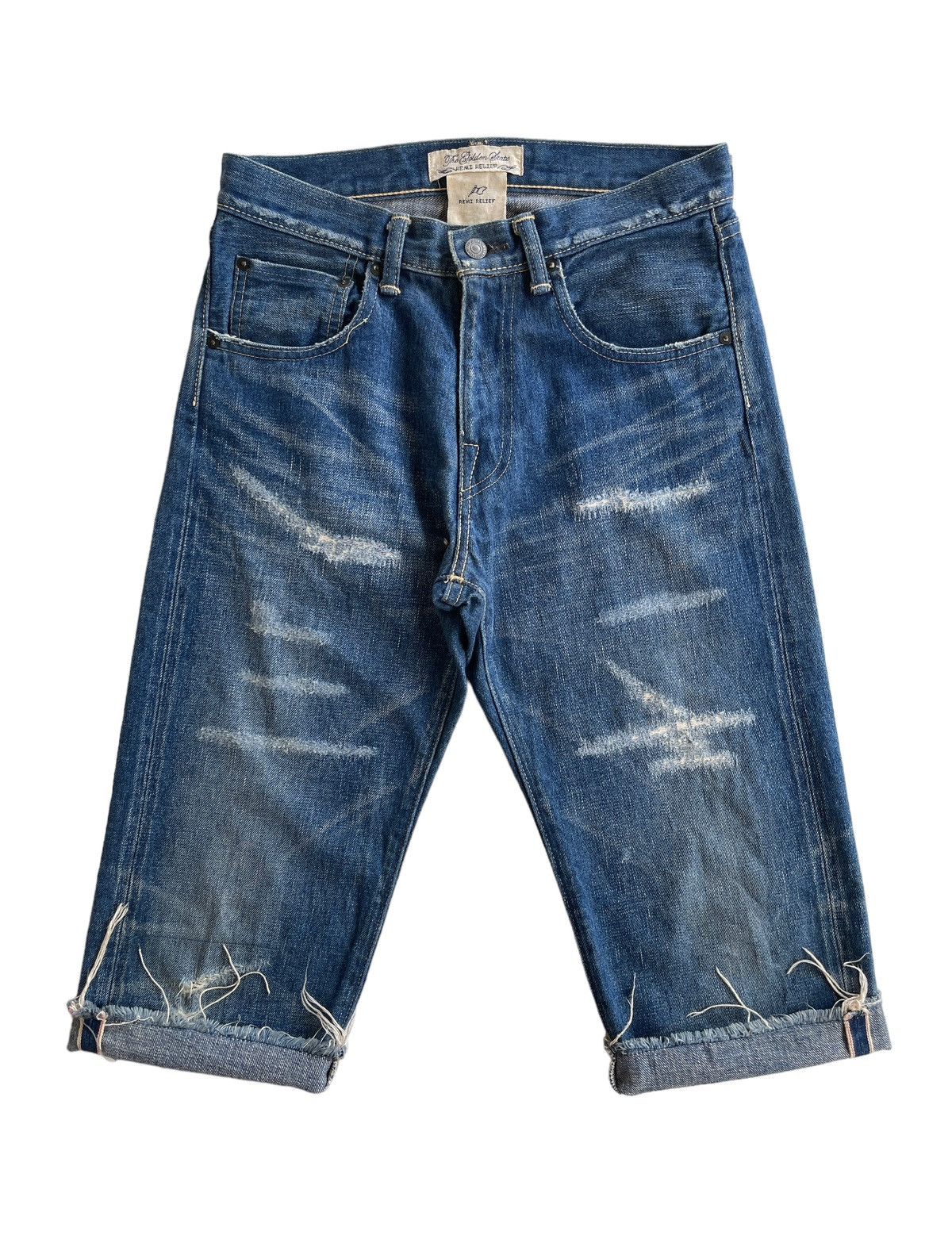 image of Remi Relief Distressed Short Selvedge Denim in Blue Denim, Men's (Size 30)