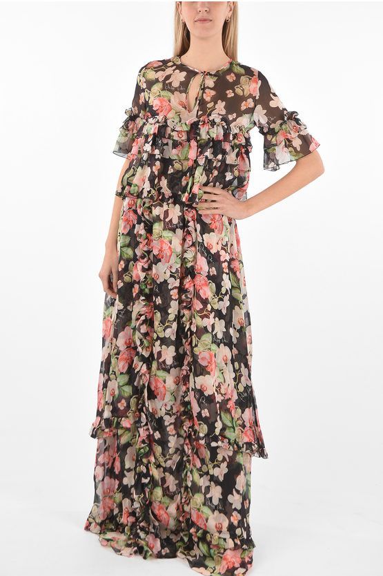 image of Philipp Plein Couture Est.1978 Floral Patterned Silk Ruffles Maxi Dress, Women's (Size Small)