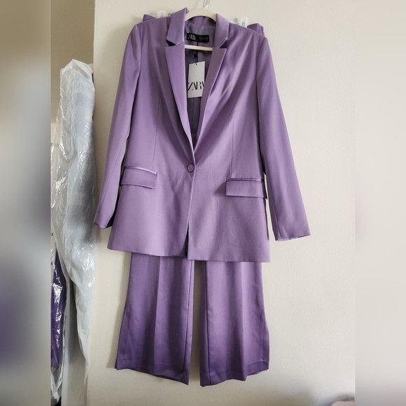 Zara set blazer satin effect flare pants lilac BNWT