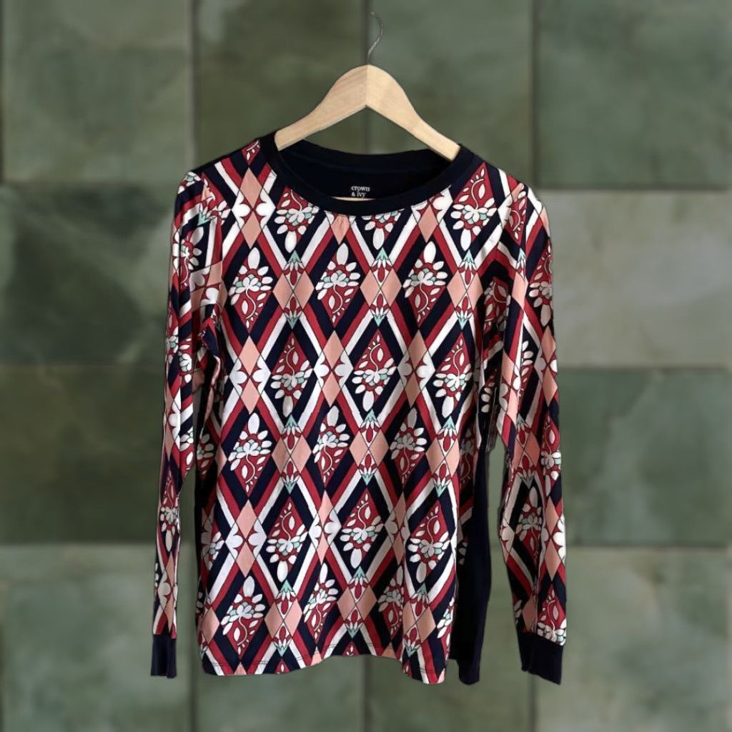 Vintage Crown & Ivy Women's Geometric Floral Long Sleeve Blouse Blue Petites Size S / US 4 / IT 40 - 1 Thumbnail