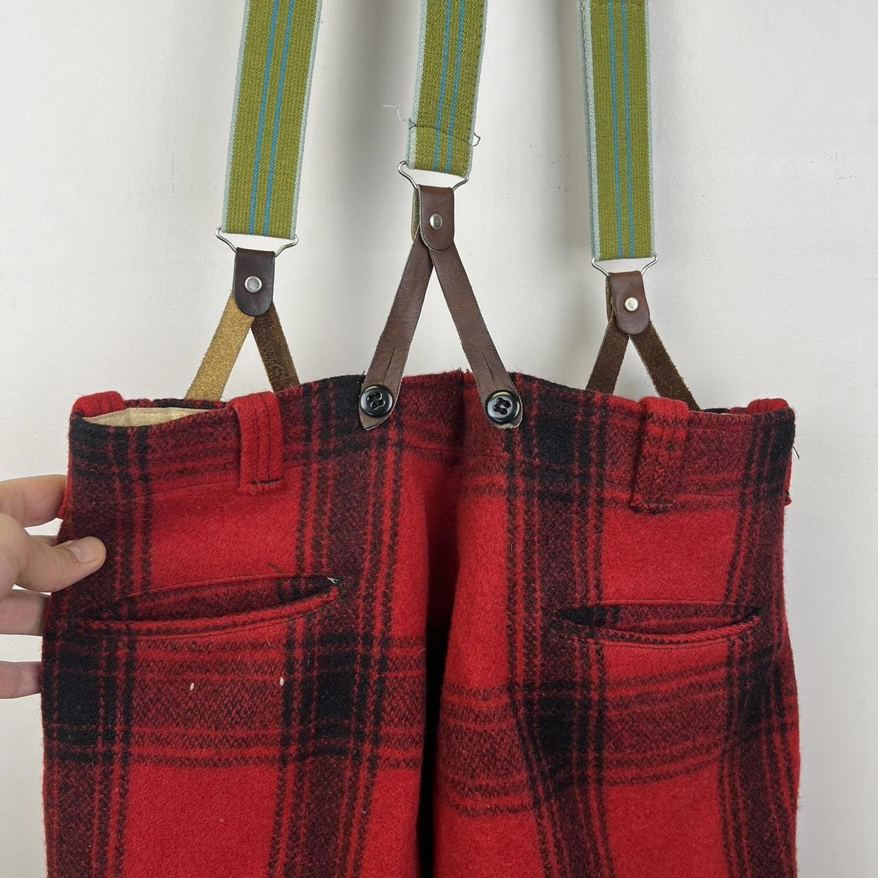 Vintage Vintage Red Black Plaid Wool Trousers with Suspenders 80s Size US 34 / EU 50 - 3 Thumbnail