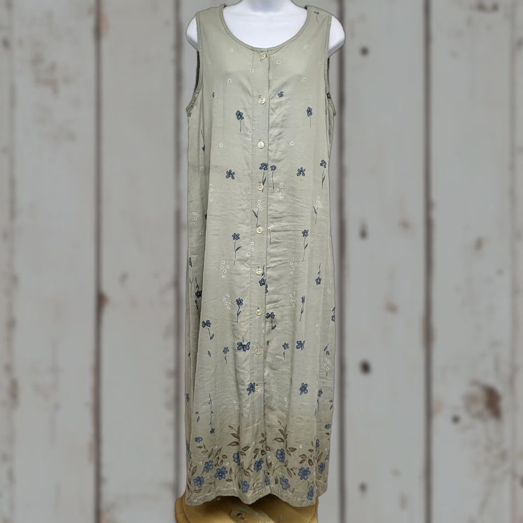 Vintage VINTAGE Lemon Grass Sleeveless Sun Dress Women's Sz Medium Pale Green Floral Linen Blend Size M / US 6-8 / IT 42-44 - 1 Thumbnail