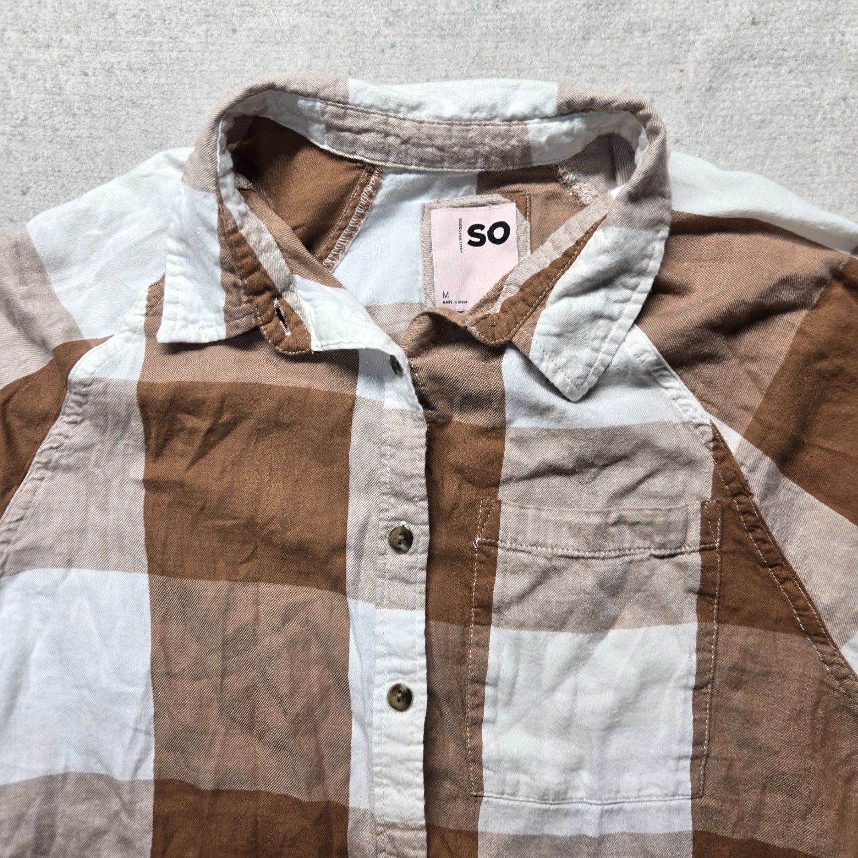 Vintage SO Shirt Plaid Button-Up Cropped Womens M Brown Wide-Check Cotton Modal Textured Shirt - 3/4 Sleeve? Size M / US 6-8 / IT 42-44 - 2 Thumbnail