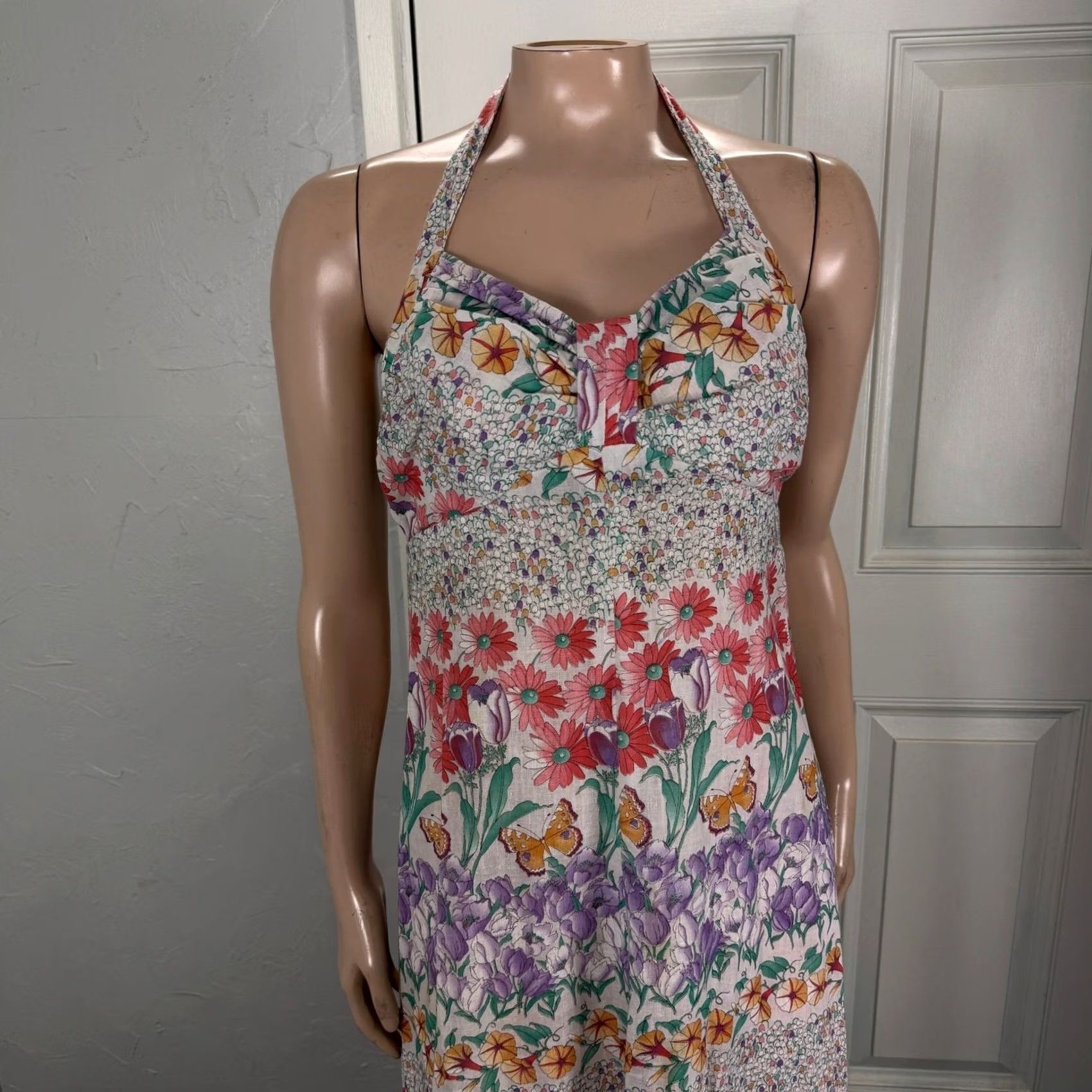 Vintage VINTAGE Floral Cotton Halter Dress XS Long Maxi 70s Bohemian Butterfly Hippie NN27 Womens Size XS / US 0-2 / IT 36-38 - 2 Thumbnail
