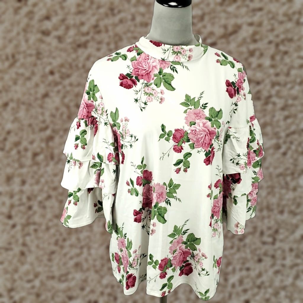 Vintage Womens Top Plus Size 2X Layered Ruffled Tiered Sleeve Flutter Sleeve 3/4 Sleeve Bohemian Basic Blouse Touch Me Size XXL / US 16-18 / IT 52-54 - 1 Thumbnail