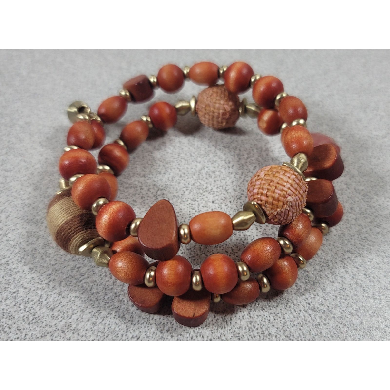 Other Gold Wooden Beads 3 Ring Stretchy Bracelet 3" diameter Size ONE SIZE - 5 Thumbnail