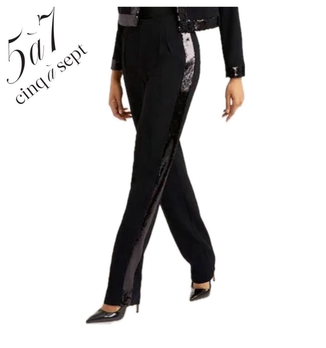 image of Cinq A Sept Sequin Ruthy Wide Leg Pants Pleated Front Lined Trousers in Black, Women's (Size 32)