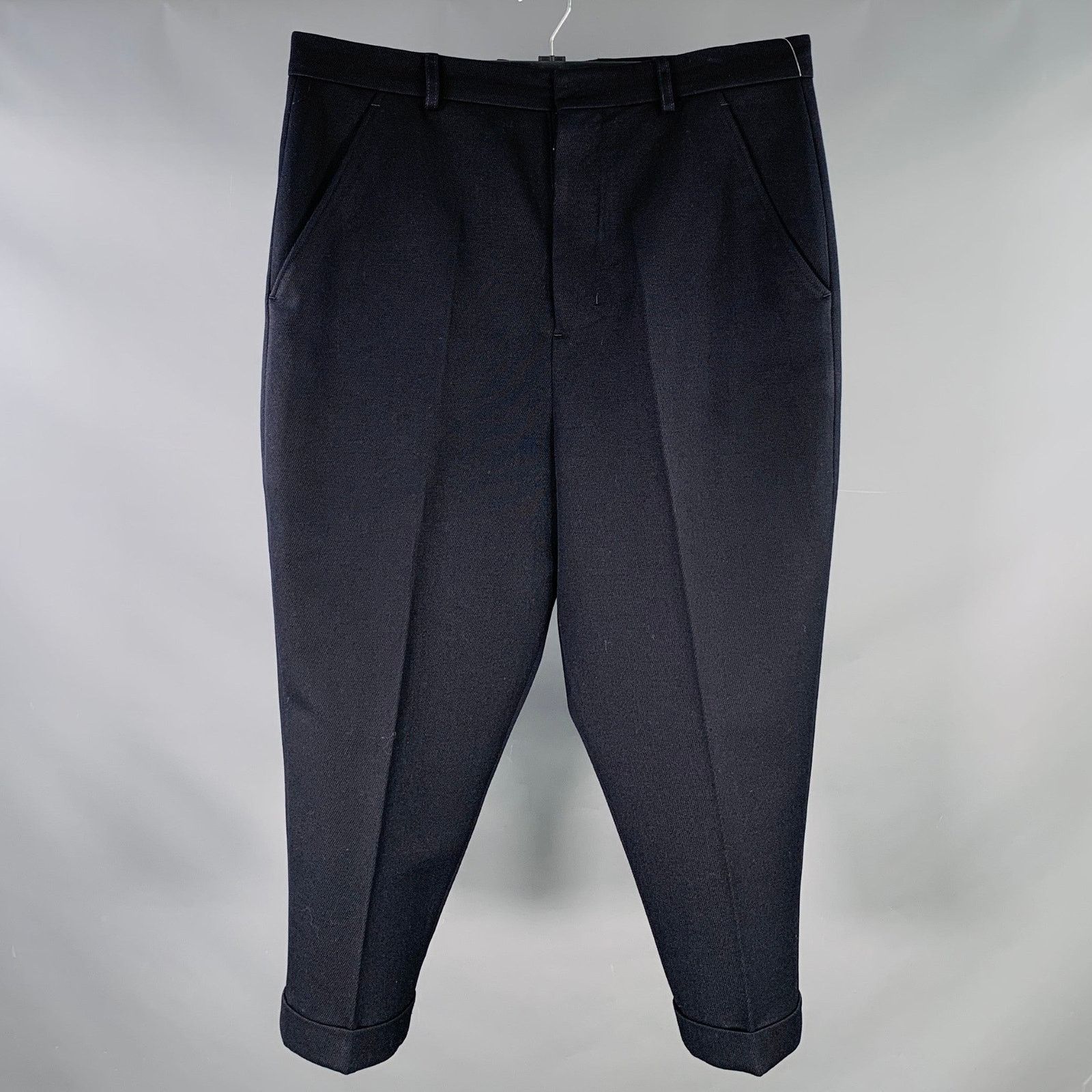 AMI Navy Twill Wool Cuffed Drop Crotch Button Fly Dress Pants Size US 38 / EU 54 - 1 Thumbnail