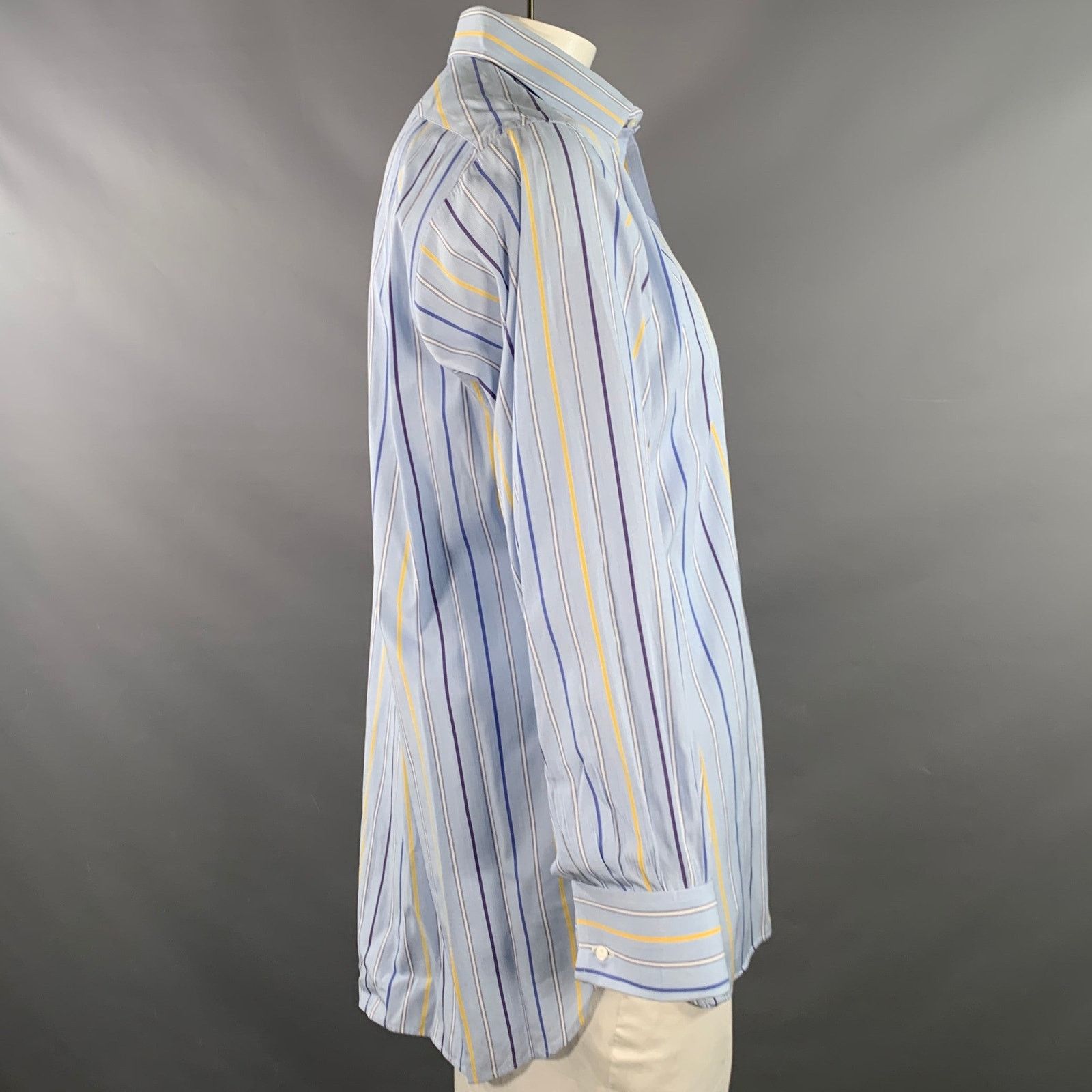Turnbull & Asser Blue Navy Yellow Stripe Cotton French Cuff Long Sleeve Shirt Size US L / EU 52-54 / 3 - 3 Thumbnail