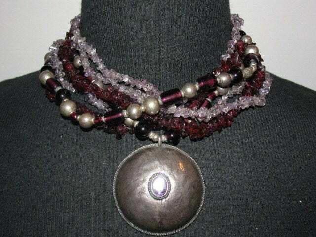 Designer Silver Amethyst Pendant with Glass Garnet Bead Necklace Size ONE SIZE - 1 Thumbnail