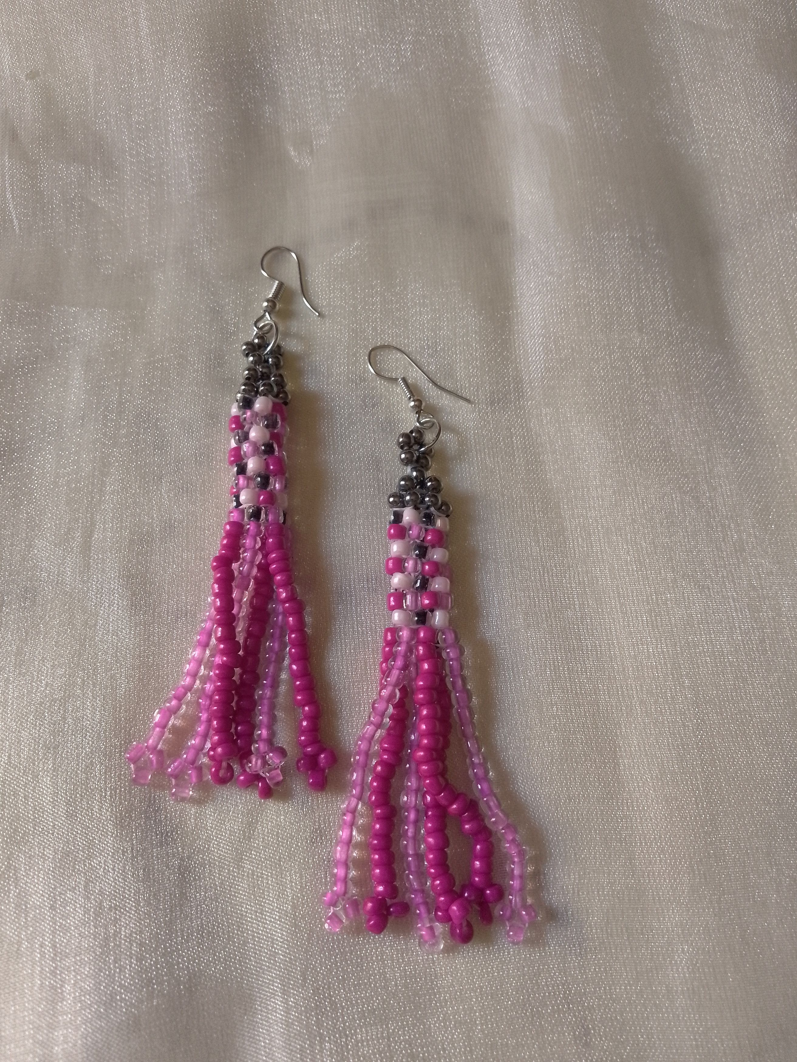 Handmade Earrings Long Bangs Chessboard Pattern Pink Size ONE SIZE - 3 Thumbnail