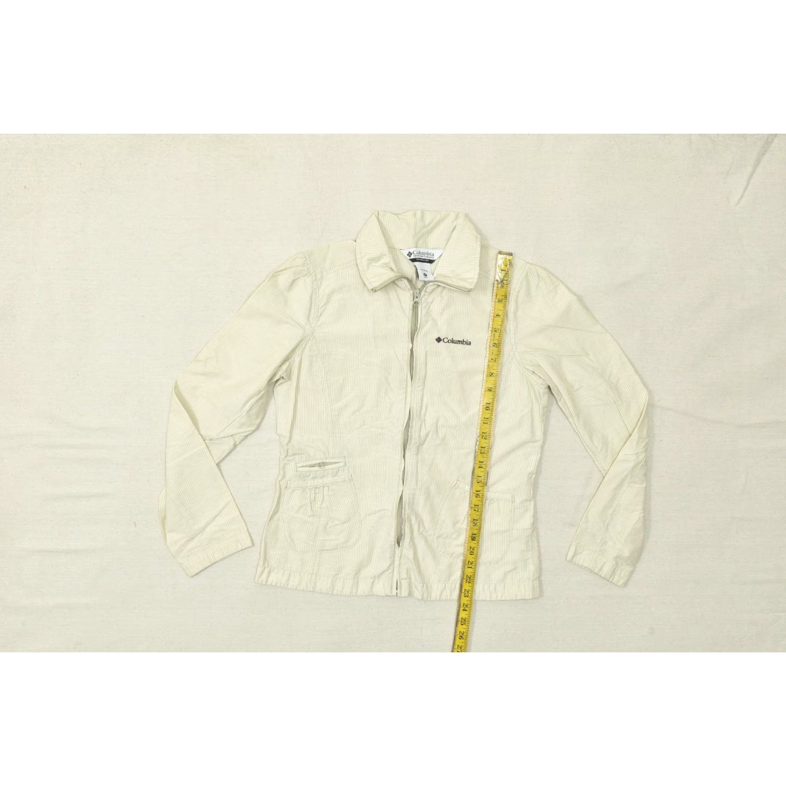 Vintage Columbia Jacket Beige Full Zip Womens M Cotton Blend Omni Shade Striped Basic Jacket Size M / US 6-8 / IT 42-44 - 3 Thumbnail
