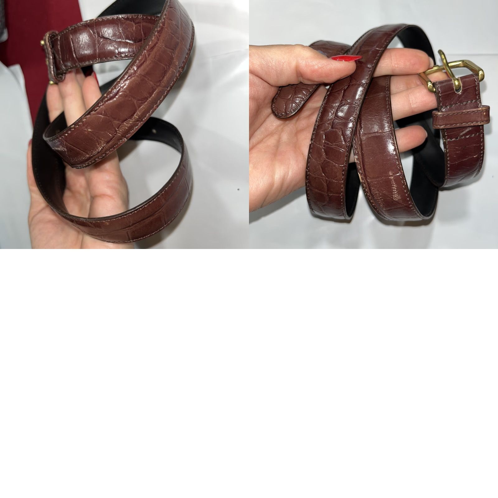 Vintage LEEGIN Belt Women Leather Alligator Brown 1” Wide Brass Buckle Adjustable Vintage? No Vtg Size ONE SIZE - 9 Thumbnail