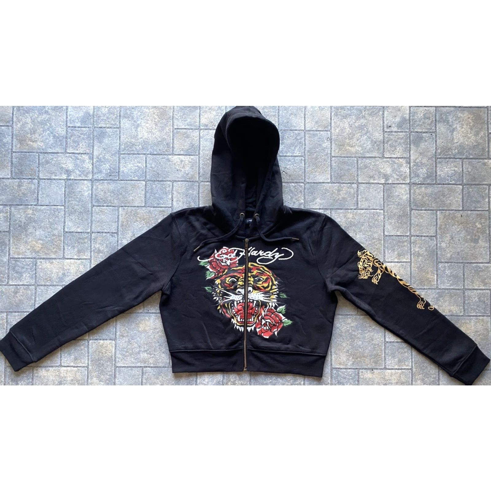 Ed Hardy Ed Hardy Hoodie Womens XL Tiger Y2K Black Cropped Zip Up Roses Tattoo Graphic Print Pockets Full Zip Size XL / US 12-14 / IT 48-50 - 2 Thumbnail
