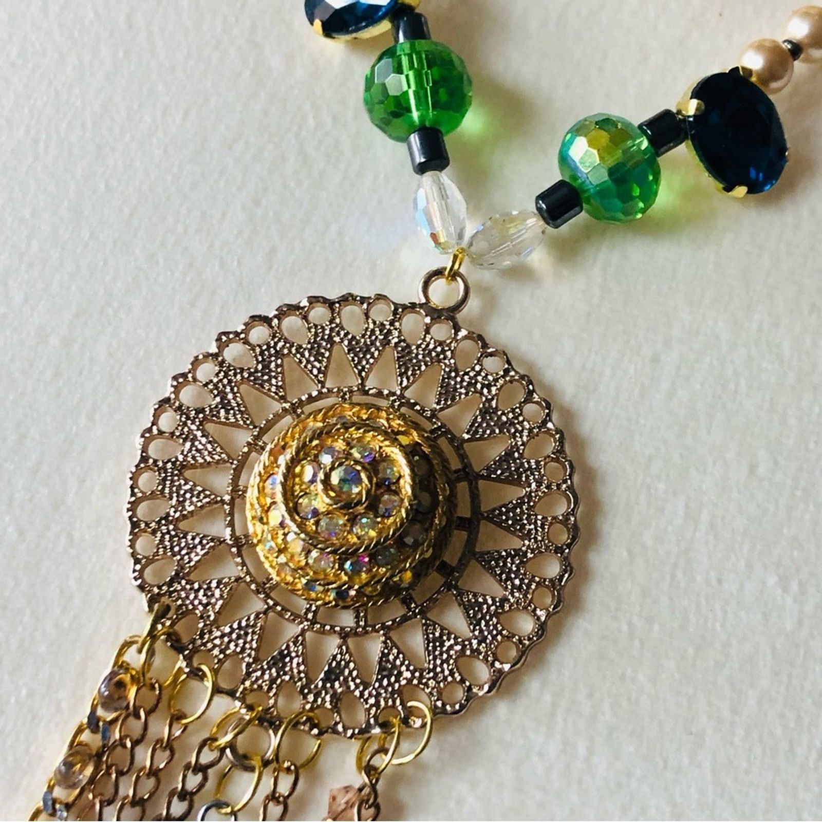 Handmade Handcrafted filigree pendant Pearl genuine emerald necklac Size ONE SIZE - 8 Thumbnail