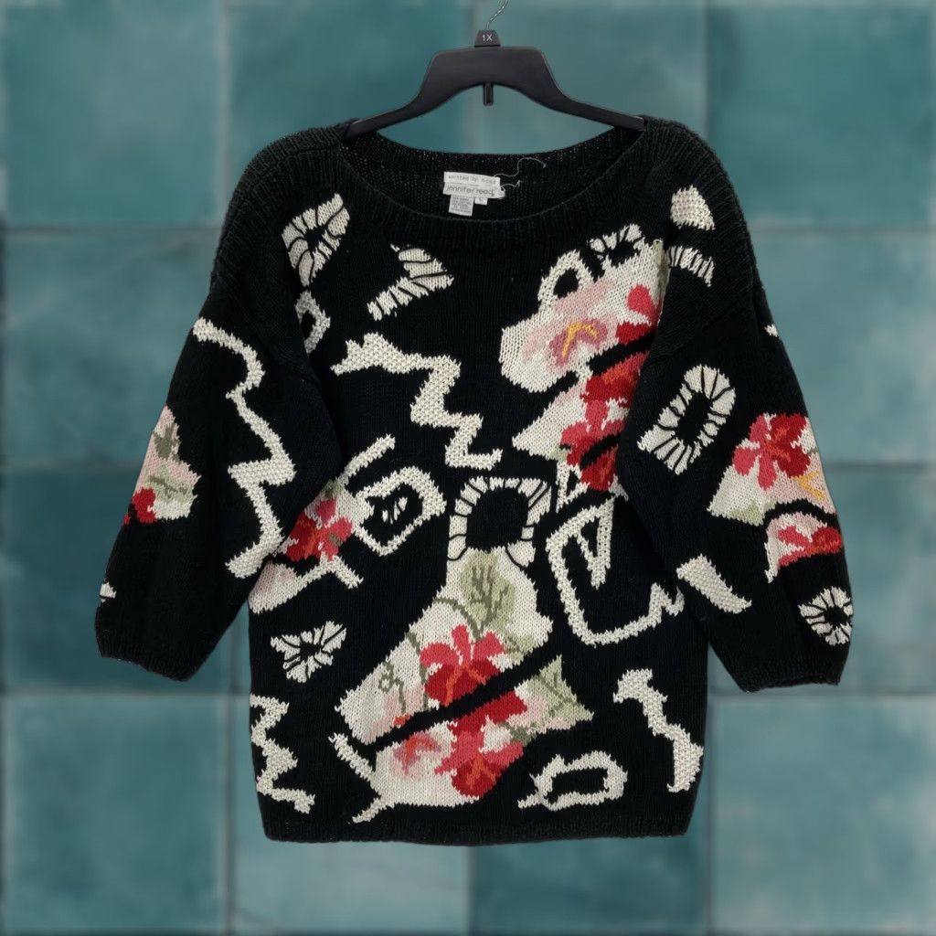Vintage VINTAGE Jennifer Reed Sweater Womens L Black Red Abstract Floral Pullover Knit Art Size L / US 10 / IT 46 - 1 Thumbnail