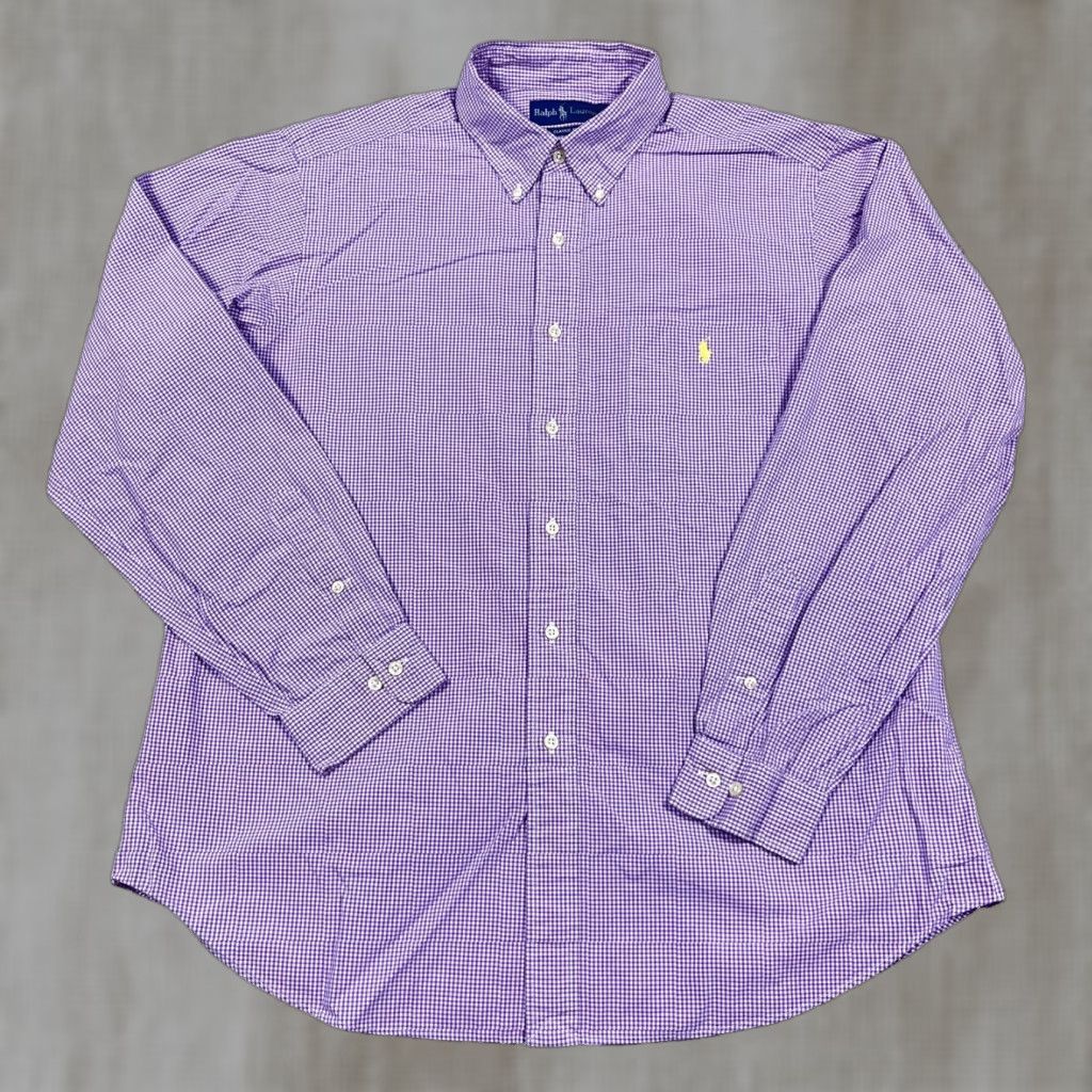 Ralph Lauren VINTAGE Ralph Lauren Shirt Men XL Purple Button Up Gingham Check Poplin Dress Pocket Size 46R - 1 Thumbnail