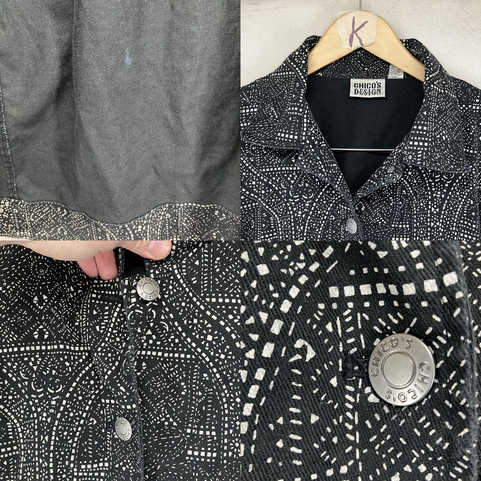 Vintage Chico's Jacket Women L Black Geometric Denim Short Button Military 90s Art Biker Bohemian Retro Rock Womens Size L / US 10 / IT 46 - 8 Thumbnail