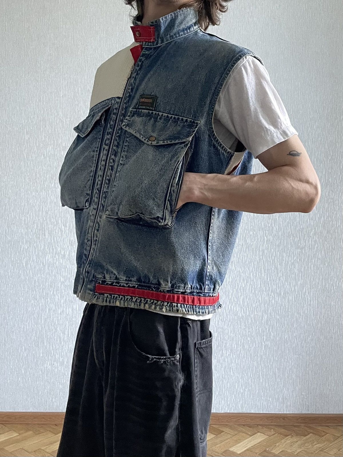 Vintage 1970s Leather Vest On Riri Zipper, Stonewashed Denim- Wescot Size US L / EU 52-54 / 3 - 18 Thumbnail