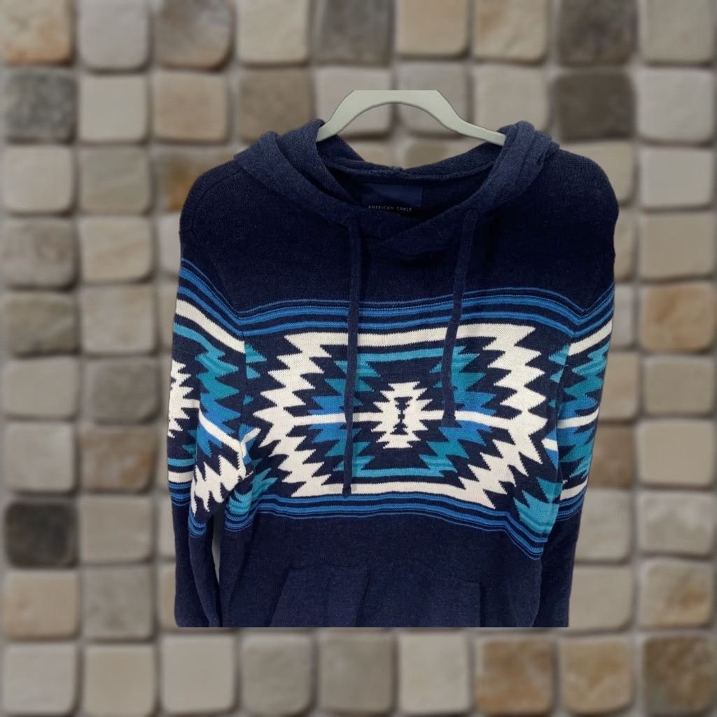 American Eagle Outfitters American Eagle Aztec Hoodie Sweater Men M Blue Long Sleeve Cotton Pullover Size US M / EU 48-50 / 2 - 1 Thumbnail