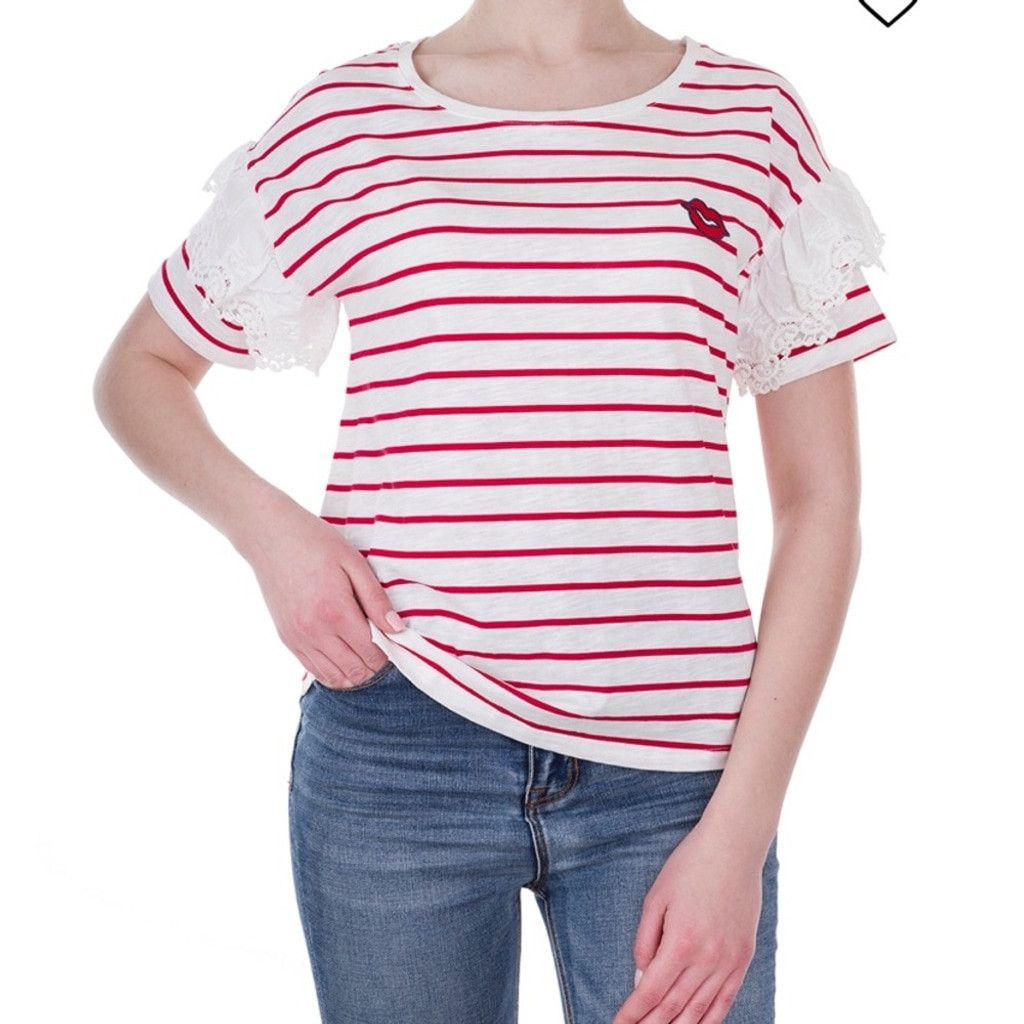 Other OUI Striped Cotton Red White T-Shirt Lace Boat Round Size 8 Size M / US 6-8 / IT 42-44 - 1 Thumbnail