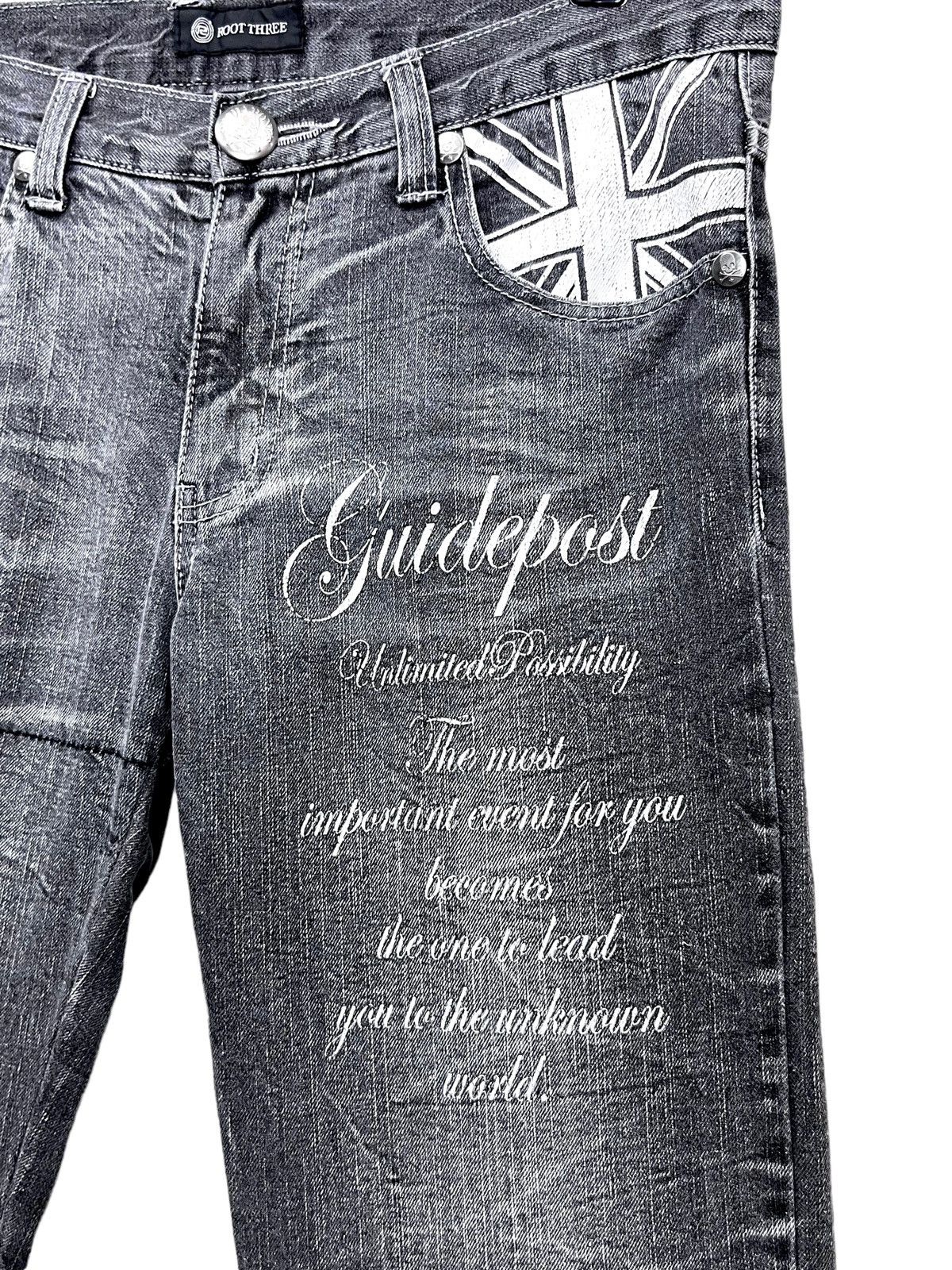 Roots ROOTTHREE Embossed SKULL BONES Grunge Ripped Punk Union Jack Size 31" - 3 Thumbnail