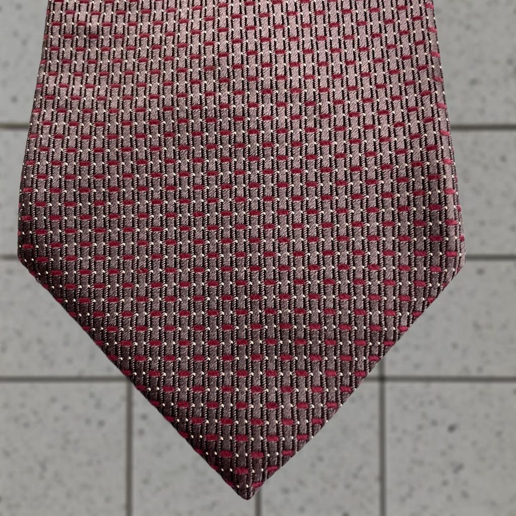 Sperry VINTAGE Necktie Perry Ellis Woven Silk Tie Art Deco Chain Gray Red Exec 4x61 Mens Tie Silk Woven Vintage 90s USA Size ONE SIZE - 1 Thumbnail