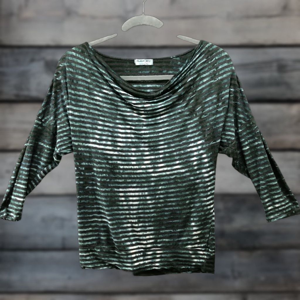 Michael Stars Michael Stars 3/4 Sleeve T Shirt Womens One Size Green Striped Cowl Neck Pima Size ONE SIZE - 1 Thumbnail