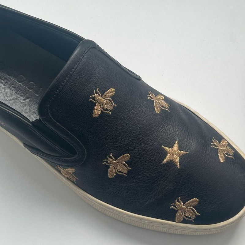 Gucci Gucci Black Leather Slip-On Sneakers with Bee Embroidery Size US 5.5 / EU 38 - 8 Thumbnail