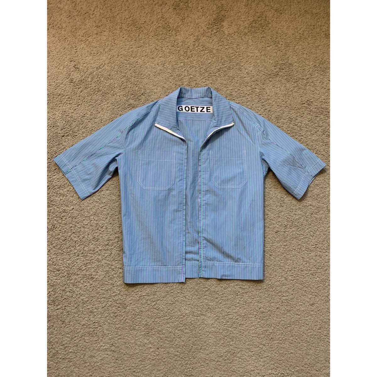 image of German x Sissi Goetze Goetze Pleated Cropped Stripe Shirt Jacket in Blue/Green, Men's (Size Small)