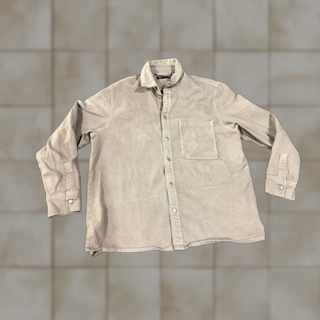 Zara Zara Button-Up Shirt Mens M Beige Denim Shacket Casual Lightweight Regular Pockets Collar Button-Front Size US M / EU 48-50 / 2 - 1 Thumbnail