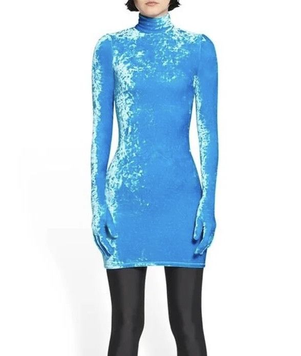 Balenciaga Velvet Turtleneck Mini Dress NWT Cyclades Blue Size M / US 6-8 / IT 42-44 - 11 Thumbnail